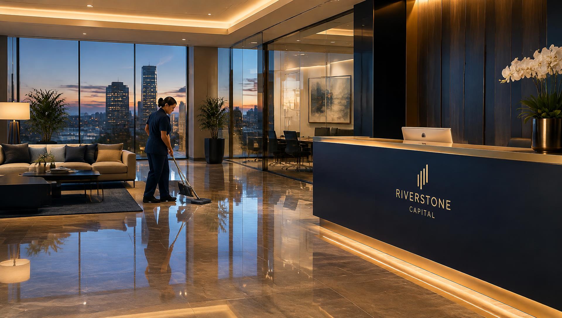 Polished corporate office lobby being cleaned