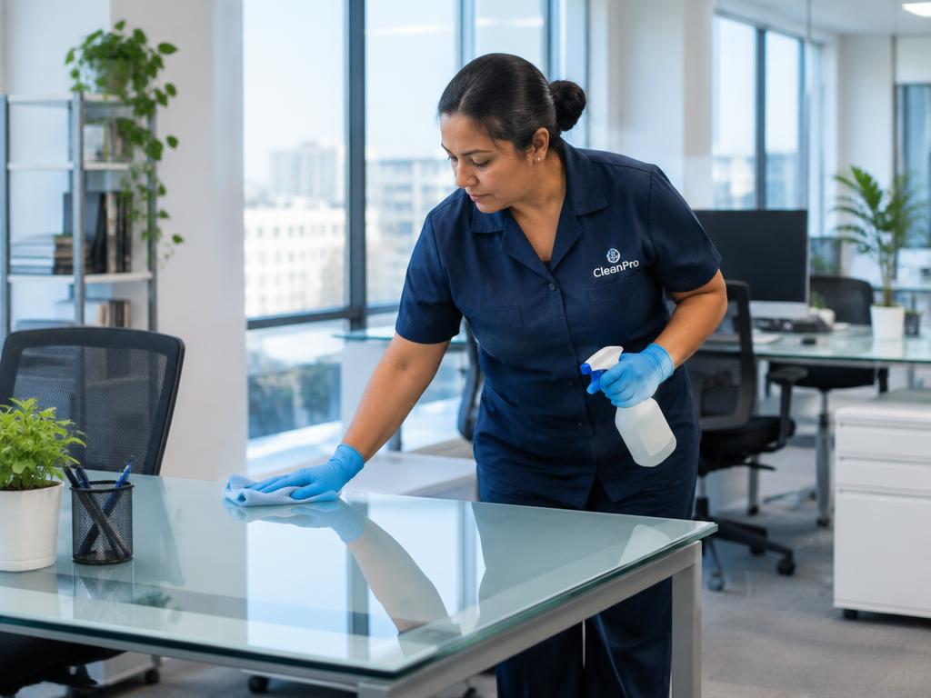 Lux One team member cleaning an office desk